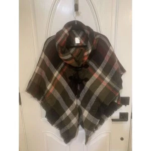 Damen Poncho weich kariert Knebel Fransen Rollkragen Damen blau grau - Bild 1 von 6