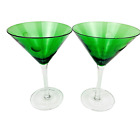 Handblown Green Glass Martini Glasses Etched Dots Dimple Barware 6.25" Set Of 2