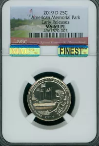 2019 D AMERICAN MEMORIAL QUARTER NGC MS69 PL PQ MAC FINEST MAC SPOTLESS . - Picture 1 of 2