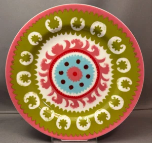Anthropologie Folk Art Plate Pink Green Turquoise Center Flower 8" Salad Dessert - Picture 1 of 5