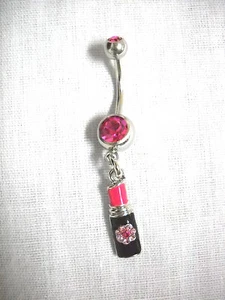 Diva Lipstick Color Enamel and Pink Crystals on Hot Pink 14g CZ Belly Ring Bar - Picture 1 of 1