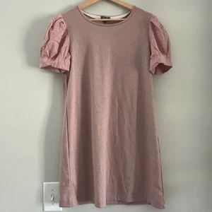 Lily Rose Juniors L Solid Soft Pink Puffed Embroidered Floral Sleeve Shift Dress - Picture 1 of 11