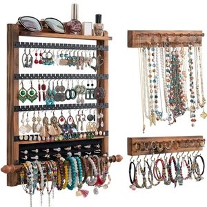 Wall Mounted Wall Jewelry Organizer Set of 3 Wood Hanging Organizer Rustic Je... - Picture 1 of 7