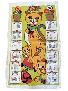 Calendario 1973 gato gatitos bordado lino toalla de té boho cocina vintage - Imagen 1 de 9