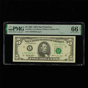 1995 FRN San Francisco 5 Dollars Fr#1985-L PMG 66 EPQ Gem UNC - Picture 1 of 4