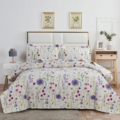 Purple Blue Green Floral Quilts Dandelion Bedspread Full/Queen Size Lightweig... - Image 1 of 4