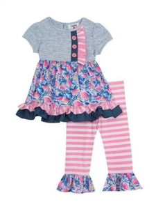 Counting Daisies Blue Pink Heather Knit Stripe Floral Top & Legging Set 4 5 6 6X - Picture 1 of 1