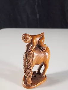 Vintage Japanese Netsuke Ojime Style Of Gessho Monkey On Top Of A Horse Signed - Picture 1 of 11