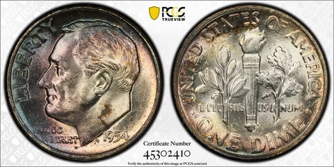 1954 P PCGS MS65 | TONED Silver Roosevelt Dime - 10c US Coin #40089A Cover