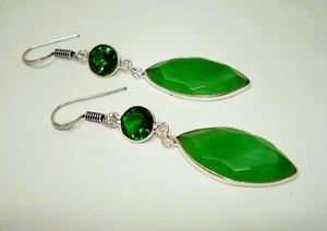 AB Green Emerald Chrome Diopside Quartz Dangle Earrings .925 Silver Plated 2.5" - Picture 1 of 3