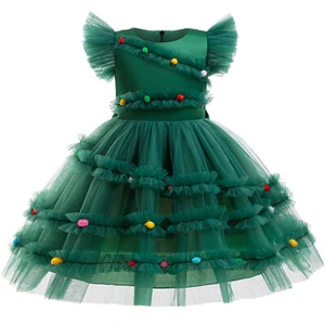 Girls Xmas Bow Knot Santa Claus Costume Tulle Christmas Tree Role Play Dress - Picture 1 of 21