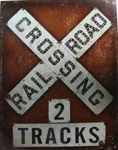 Vintage Tin Metal Sign railroad crossing 2 tracks new train union Pacific 2174 - Bild 1 von 1