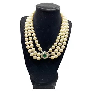 Vintage Carolee Signed Multi Strand Faux Pearl Ivory Necklace Rhinestones 17” - Picture 1 of 10