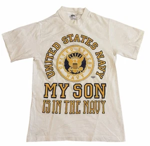 T-shirt vintage anni 90 My Son Is In The US Navy grafica piccola bianca  - Foto 1 di 3