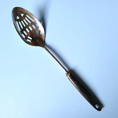 VTG ECKO Slotted Serving Spoon USA 12" Black Plastic Handle Chromium Plated - Image 1 of 4