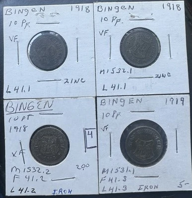 Bingen 10 pfennig x4 1918 zinc, iron 1919 iron notgeld - Image 1 of 2