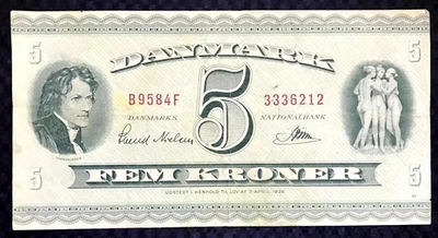 1936 DENMARK - 5 KRONER - P#42 - VF+ - L7 - Image 1 of 3