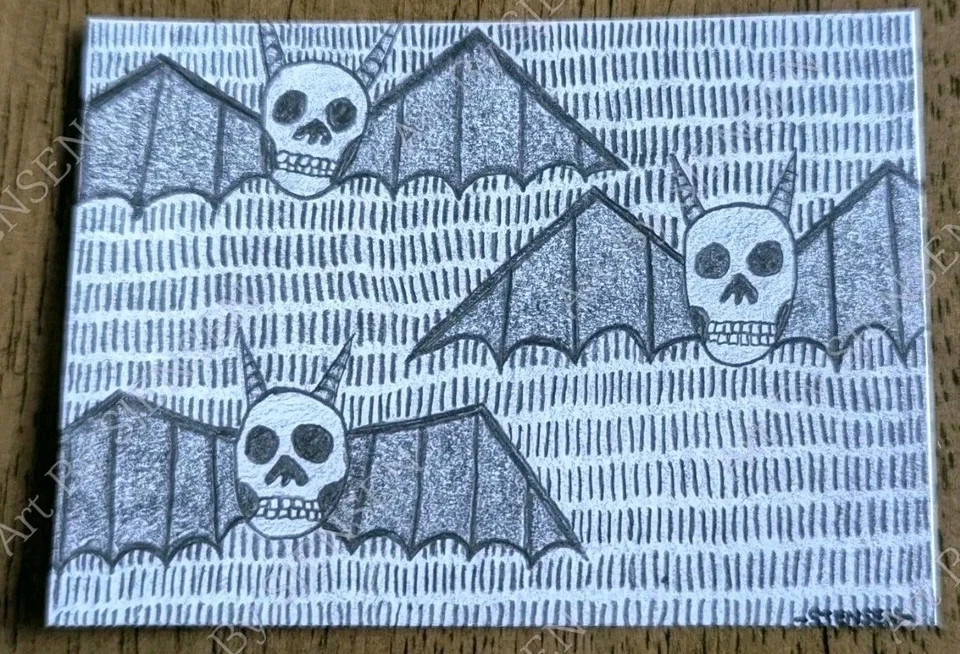 ACEO Original Art Drawing Skull Bats Halloween Outsider Art Trading Card Signed  - Image 1 of 1
