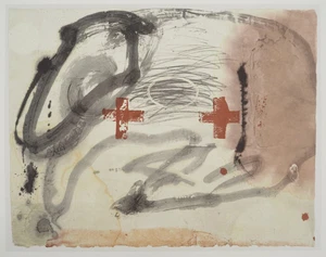 Antoni TAPIES: Abstrakte Landschaft mit zwei Kreuzen - Lithographie signiert - Bild 1 von 6