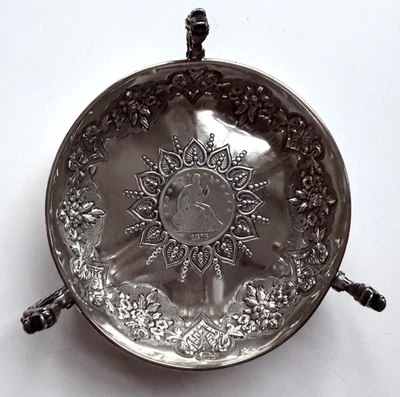 Silver Coin Bowl 1865 50c Half Dollar Seated Liberty Dragon Handles - Image 1 of 4