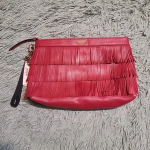 Victorias Secret Red Faux Leather Fringe Wristlet Clutch NWT - Picture 1 of 6