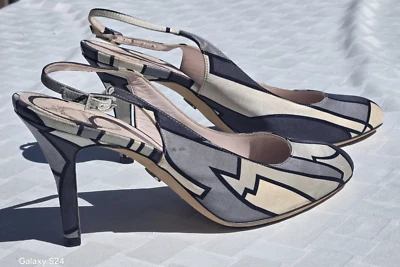 Zapatos Emilio Pucci Tacones Cordones Abstractos Geométricos Rayas Satén Talla 37.5 Foto 1 de 4