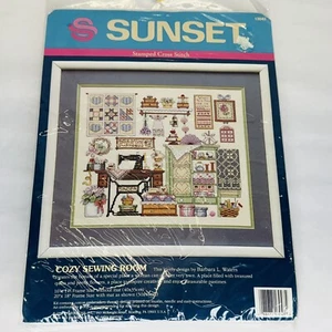 Sunset “Cozy Sewing Room” Stamped Cross Stitch Kit (13043) Vintage NEW Sealed - Picture 1 of 8