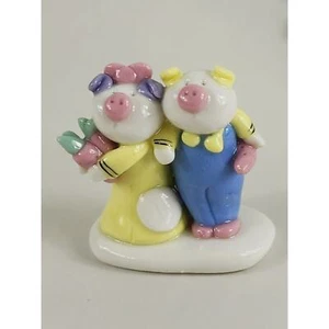 Mini Piglet Pig Piggy Cute Couple w/ Carrots 1 1/2" Pottery Figurine 90s Vintage - Picture 1 of 13