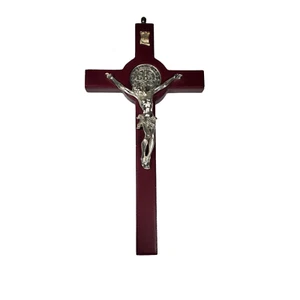 INRI Heiliger Benedikt Kruzifix Kreuz 11x6 Medaillon Holz Wandbehang silberfarben - Bild 1 von 5