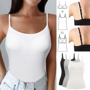 Women Sleeveless Adjustable Strap Camisole Tank Top With Built in Bra Underwear - Picture 1 of 25