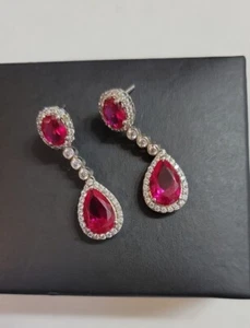 Genuine Ruby Earrings 12ct 925 Silver Accented with White Sapphire - Picture 1 of 6