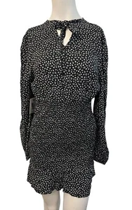 Large Ruffled Black Mini Dress Elastic Waist Long Sleeve Ties At Neck NWT - Picture 1 of 6