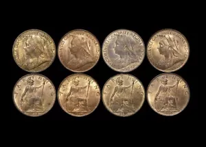 Lote de 4 Farthings de Bronce UNC: Gran Bretaña Victoria 1895 (3) y 1896 (1) - Imagen 1 de 1
