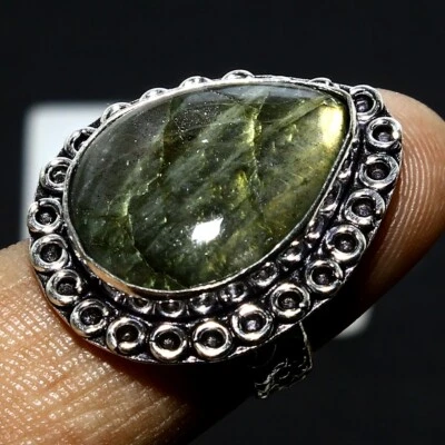 Anel feito à mão de prata 925 sólido pedra preciosa natural labradorita tamanho 6 - Imagem 1 de 4
