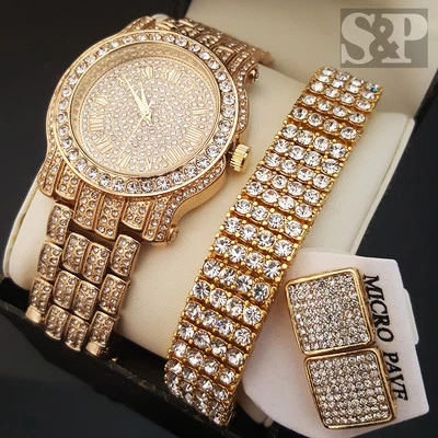 Men Hip Hop Iced Bust Down Gold PT Lab Diamond WATCH & BRACELET & Earrings Set - Image 1 of 4