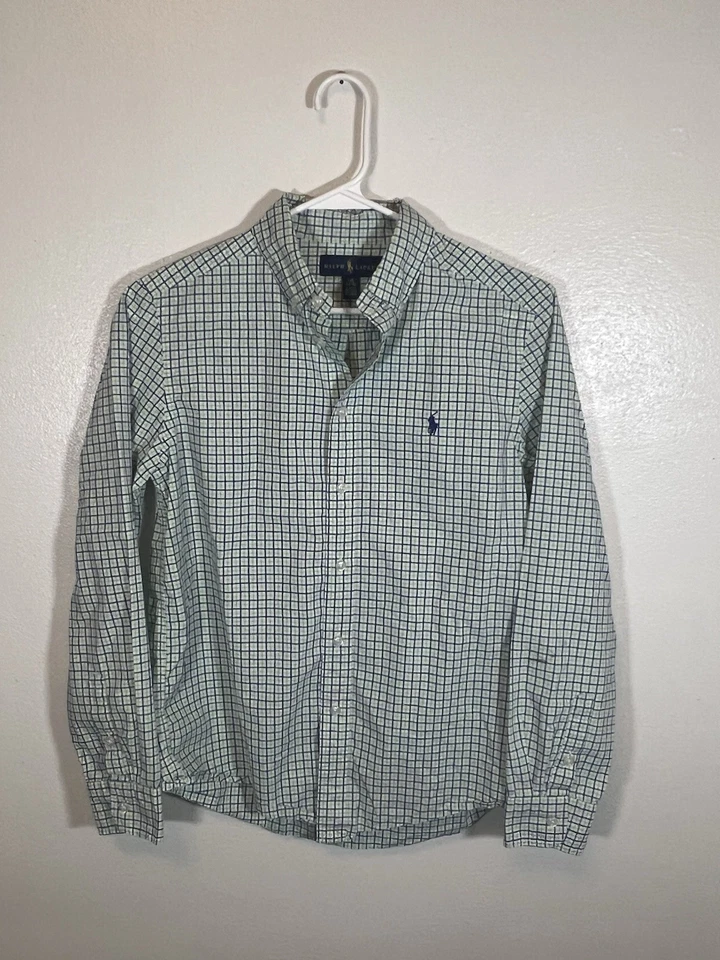 Camisa Ralph Lauren masculina tamanho grande (14-16) xadrez branca verde e azul  - Imagem 1 de 4