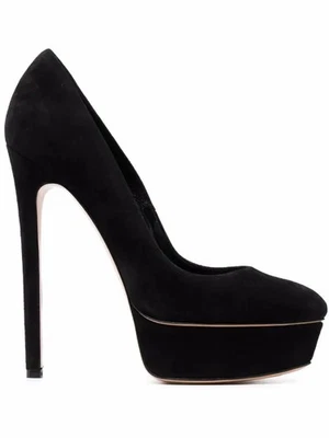Casadei Flora Pump Negro Gamuza Plataforma Puntera Almendra Delgado Tacón de Aguja 9.5 Foto 1 de 4