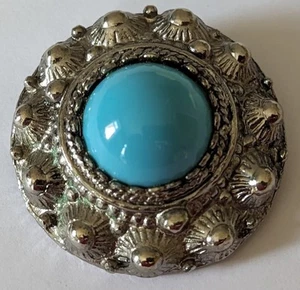 Vintage Silvertone & Faux Turquoise Stone Brooch/Pin With Shell Design - Picture 1 of 9