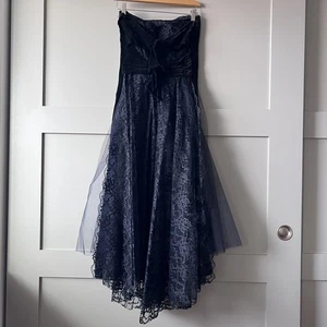 Strapless Velvet Lace Dress Womens XS Black Blue Tulle Bow Evening Formal - Picture 1 of 17