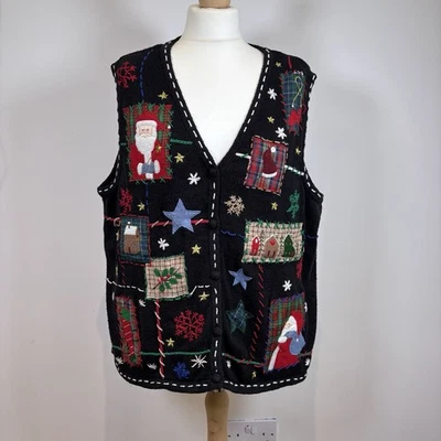 Erika Woman Vintage Christmas Vest 2X | Black Patchwork Ugly Sweater Waistcoat - Image 1 of 4