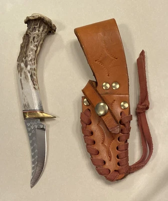 Faca de lâmina fixa cabo de chifre de veado com lâmina de aço inoxidável e bainha de couro NOVA - Imagem 1 de 4