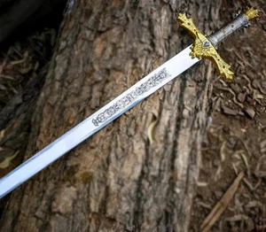 Handgefertigtes King Arthur Excalibur Schwert, Kronenkopf Merlin Schwert mit Lederscheide - Bild 1 von 7