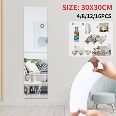 16PCS 30X30cm Mirror Tiles Wall Sticker Square Self Adhesive Stick On Home Decor - Image 1 of 4