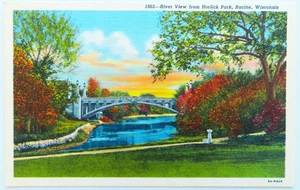 Tarjeta postal de Horlick Park Racine Wisconsin de colección puente de río de lino viaje de naturaleza - Imagen 1 de 2