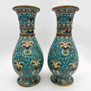 ANTIQUE PAIR CHINESE CLOISONNE VASES 10 INCHES c1900 - Picture 1 of 14