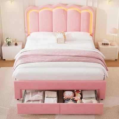 Ufurniture LED Velvet Bed Frame Adjust Headboard & Charging Station Pink Double - image 1 of 4