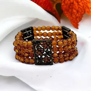 Autumn Bracelet Vintage Genuine Amber Bead Enamel Flowers Brass Filigree Stretch - Picture 1 of 10
