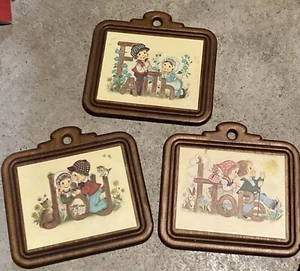 Old Eva Harta wood Plaque, boy  girl,  Joy” Faith, Hobo Stick Pot C - Picture 1 of 6