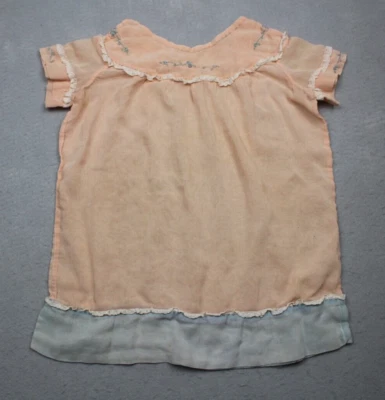 Antiguo Vestido Hecho a Mano Niños Niñas Naranja Algodón Transparente Manga Corta Encaje 1920 Foto 1 de 4