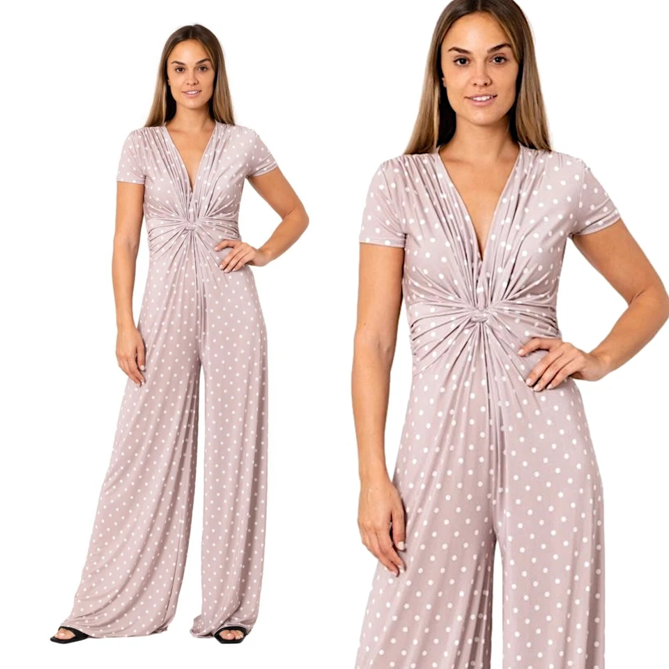 Anzug Frau Elegant Gebäude Mit Knoten Tupfen Kurze Ärmel V-Ausschnitt Neu - Bild 1 von 1